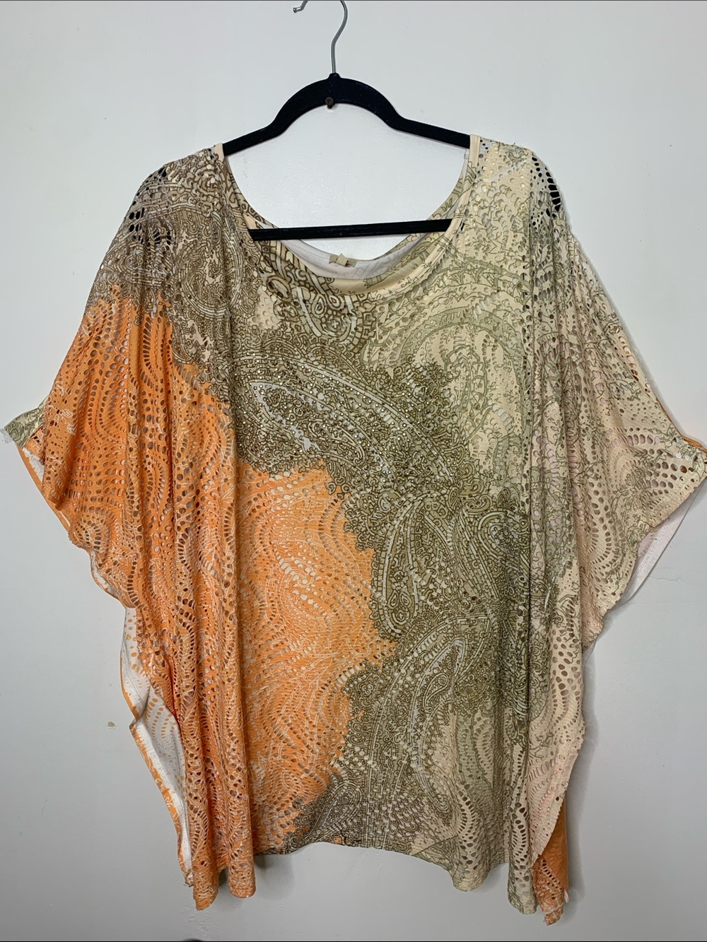 Reba Woman Flowy Boho Paisley dolman Beaded Tunic Top in Orange & Olive 3x USA - Picture 2 of 12